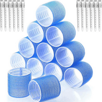 Large Hair Rollers Set Blue - 24 Pieces with 12 Jumbo Rollers and 12 Clips for Long Thick Hair Volume