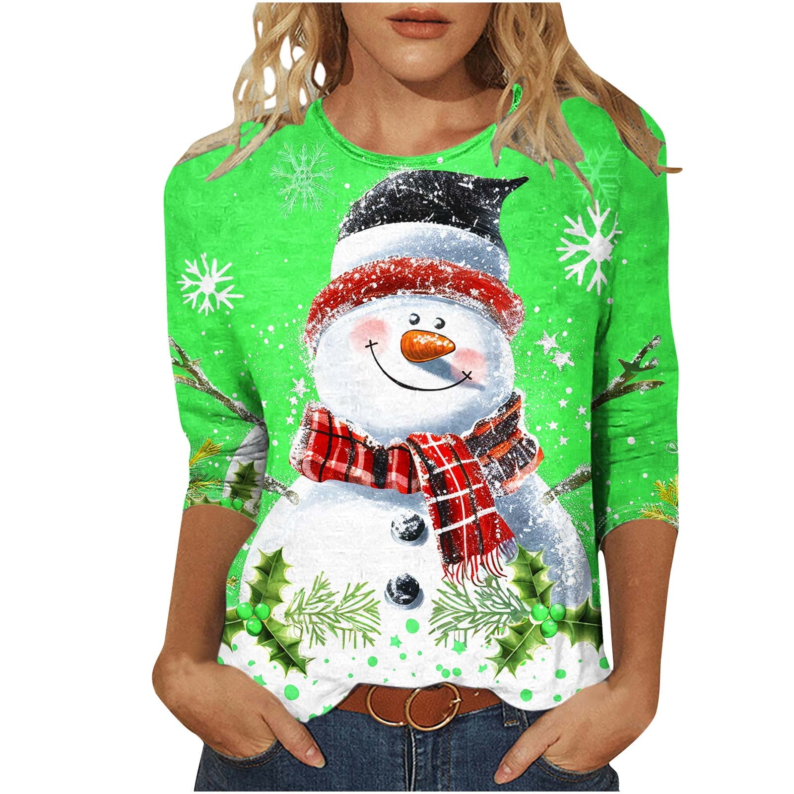 Womens Christmas Tops Women's Cute Xmas Snowman Shirts Funny Graphic 3/4 Length Sleeve Tops Round Neck Shirt Basic Ladies Clothing Size L