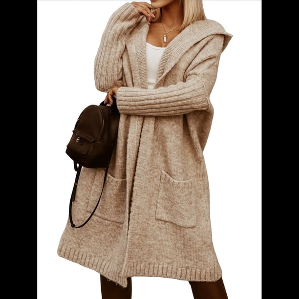 Cárdigan para Mujer, Holgado, con Capucha, Informal, de Larga, Color Liso, con Estampado de Letras, para Exteriores Caqui M
