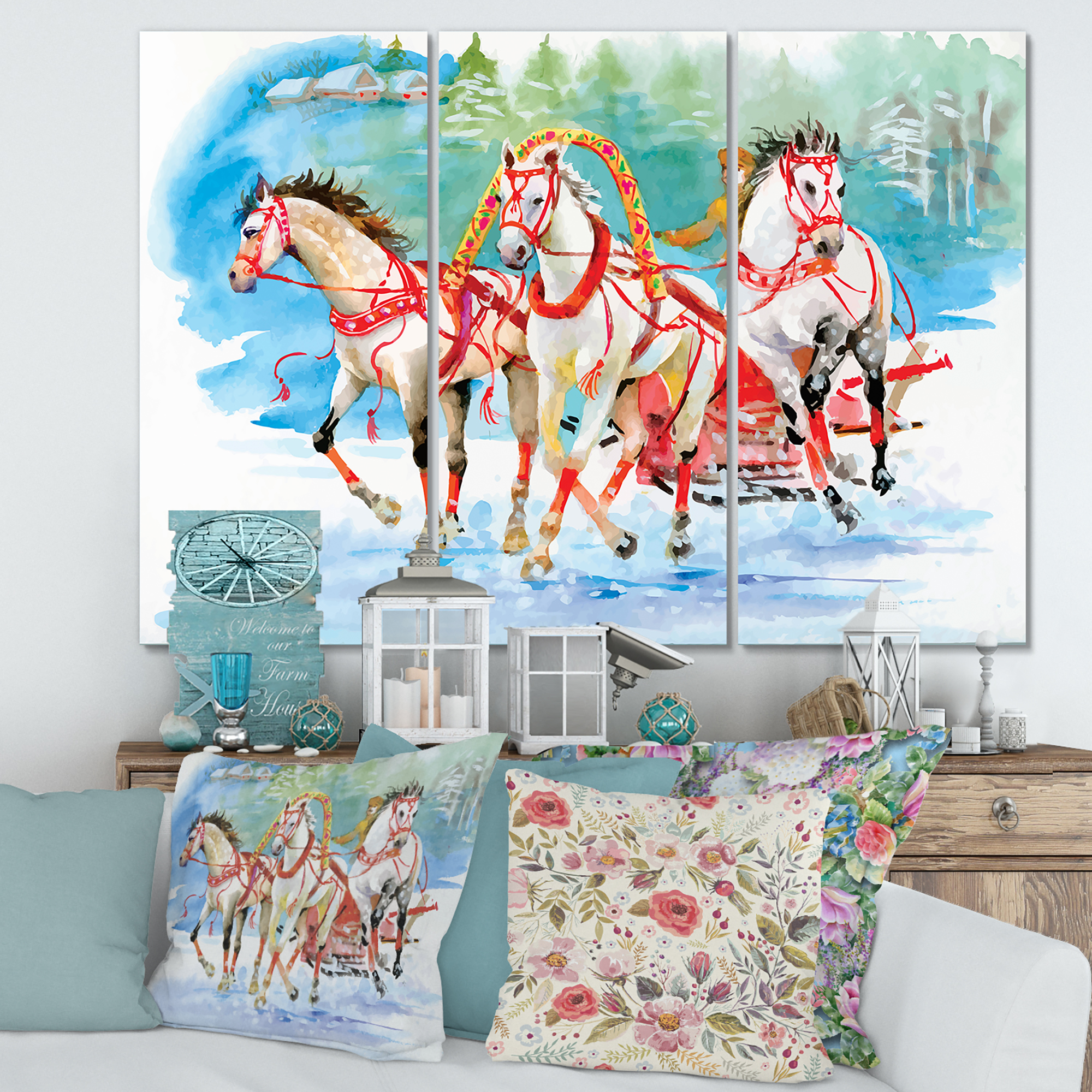 Designart ' Carriage In The Snow With Galoping Horses ' Farmhouse Canvas Wall Art Print