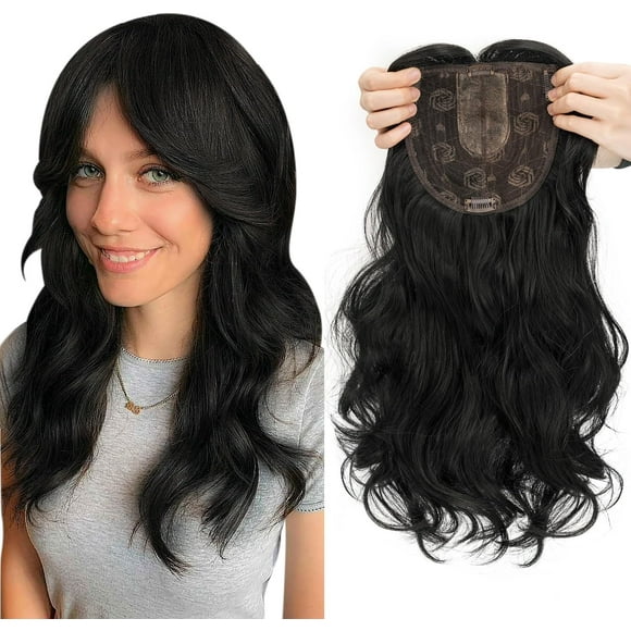 TRAHOO-Hair Toppers with Bangs for Women with Thinning Hair Synthetic Clip in Toppers Wigs Hair Pieces 18 inch Natural Black Wavy Hair Toppers Wiglets 6x6 Large Base Toppers
