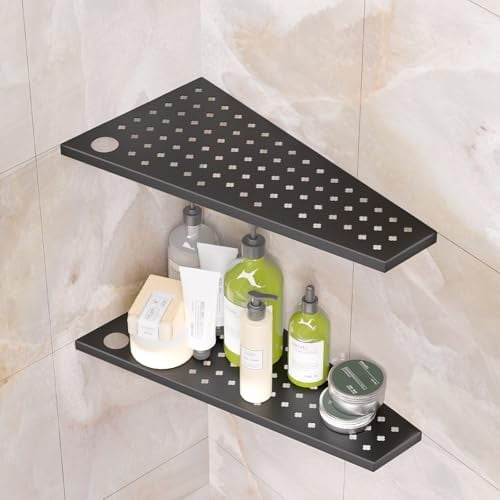 12" Corner Shower Shelf 2-Pcs, Rustproof 304 Stainless Steel Corner Shower Shelves with Razor Holder Slot Design Recessed Bathroom Shower Shelf for Tiled Wall (Matte Black)