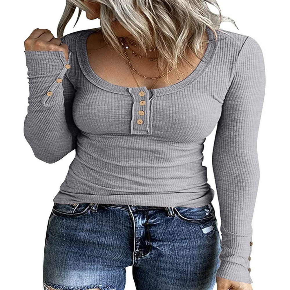 T-Shirts Henley à Manches Longues pour Femmes Boutonnés Ajustés Col Rond Tricoté Côtelé Gris Foncé m