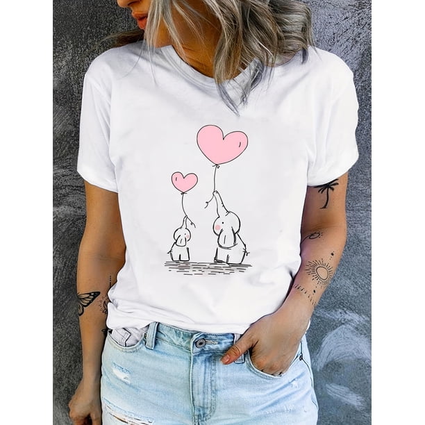 Heart & elephant Print Crew Neck T-Shirt, Casual Short Sleeve T-Shirt For Spring & Summer, Women's Clothing Tee For adult, Men, Women, Teen, Teenager, adolescent, Youth