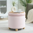 thumbnail image 4 of Round Storage Ottoman with Tray, Modern Tufted Fabric Foot Rest Ottoman with Wooden Spherical Feet Round Vanity Stool for Living Room, Bedroom, Pink, 4 of 8