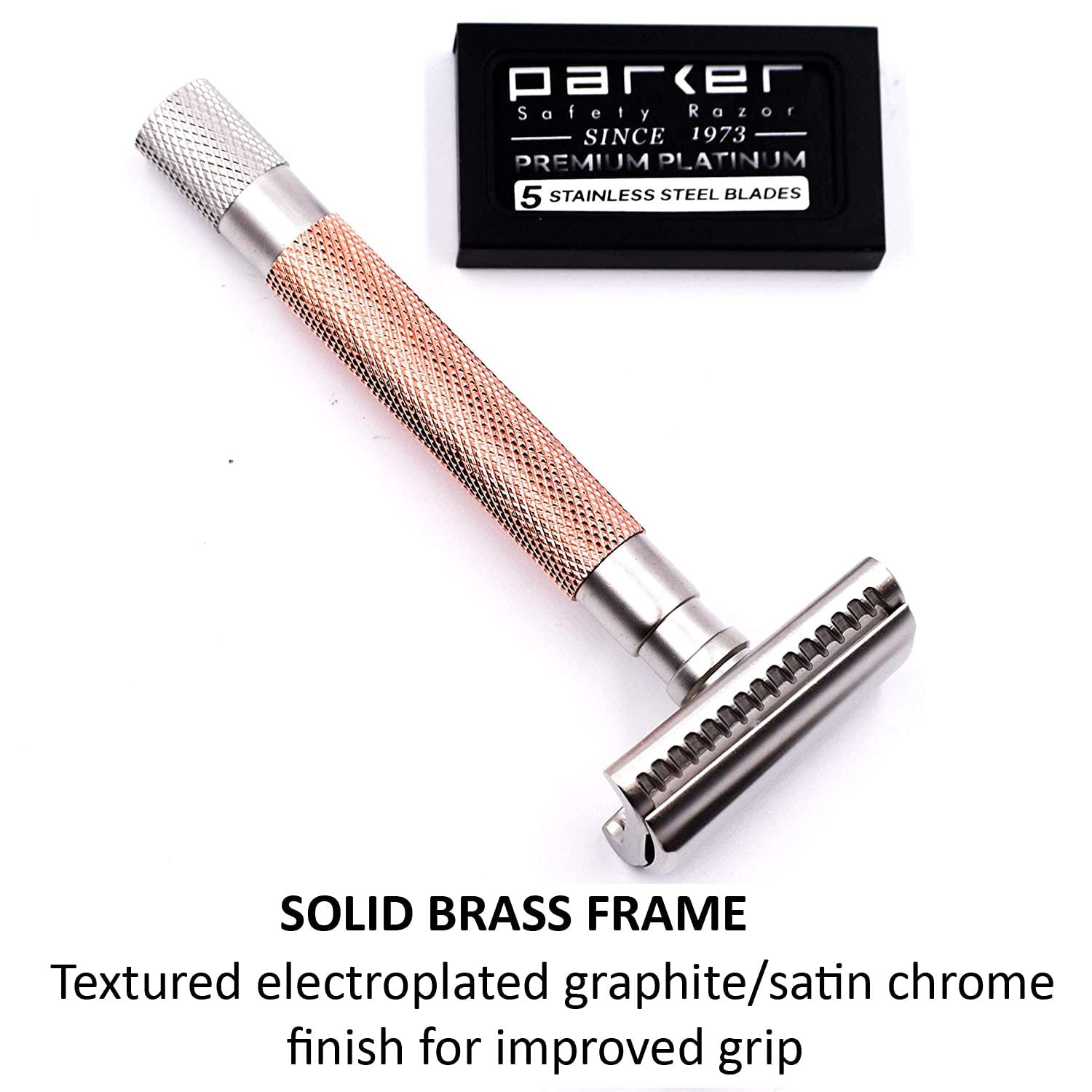 Parker's Semi Slant Safety Razor and 5 Parker Premium Double Edge Razor Blades - Rose Gold