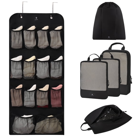 6 Set Packing Cubes for Travel, Compressible Luggage Organizer Bags, Vacation Storage for Men Women, Black