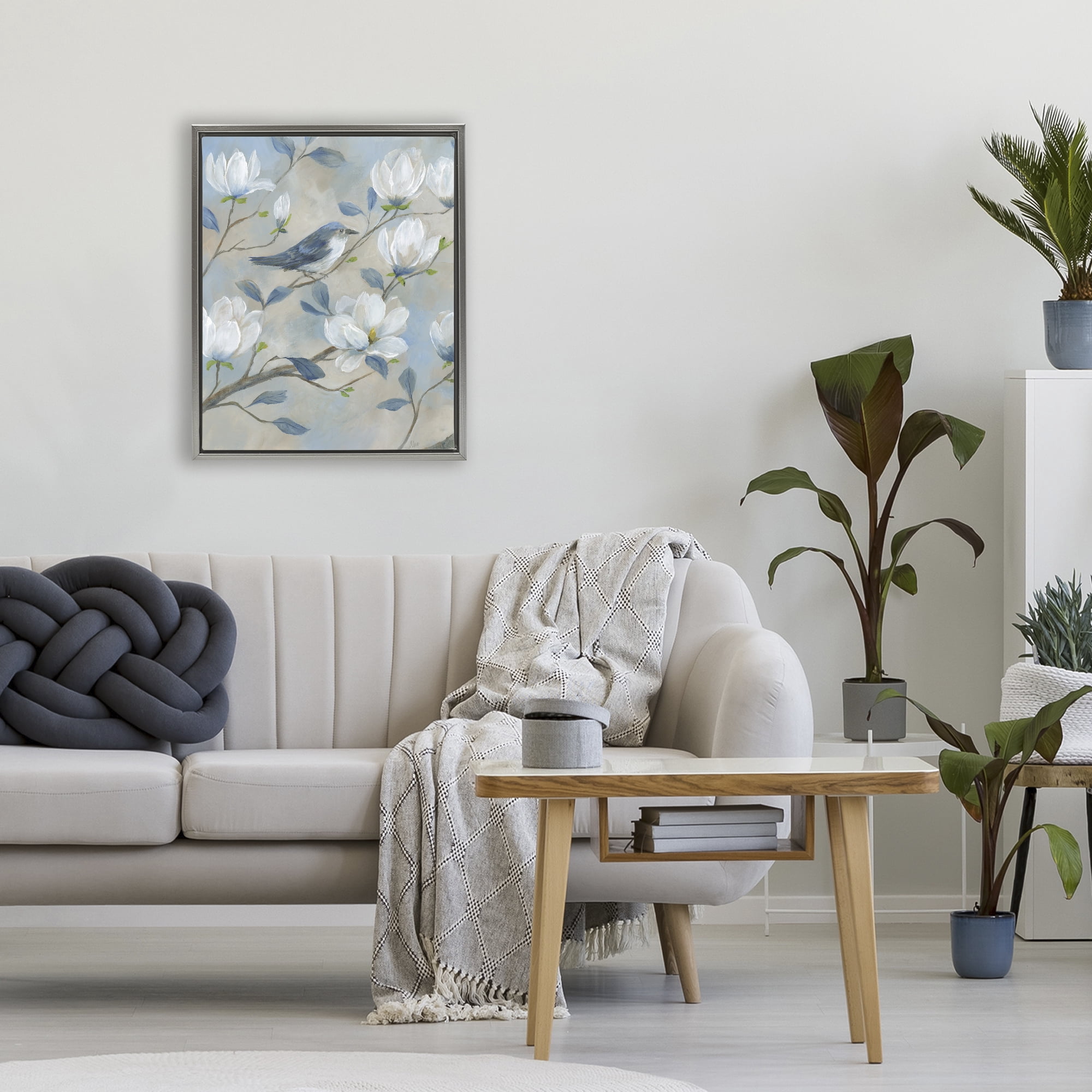 Stupell Industries Blue Bird & Magnolia Gray Framed Floater Canvas Wall Art, design by Nan