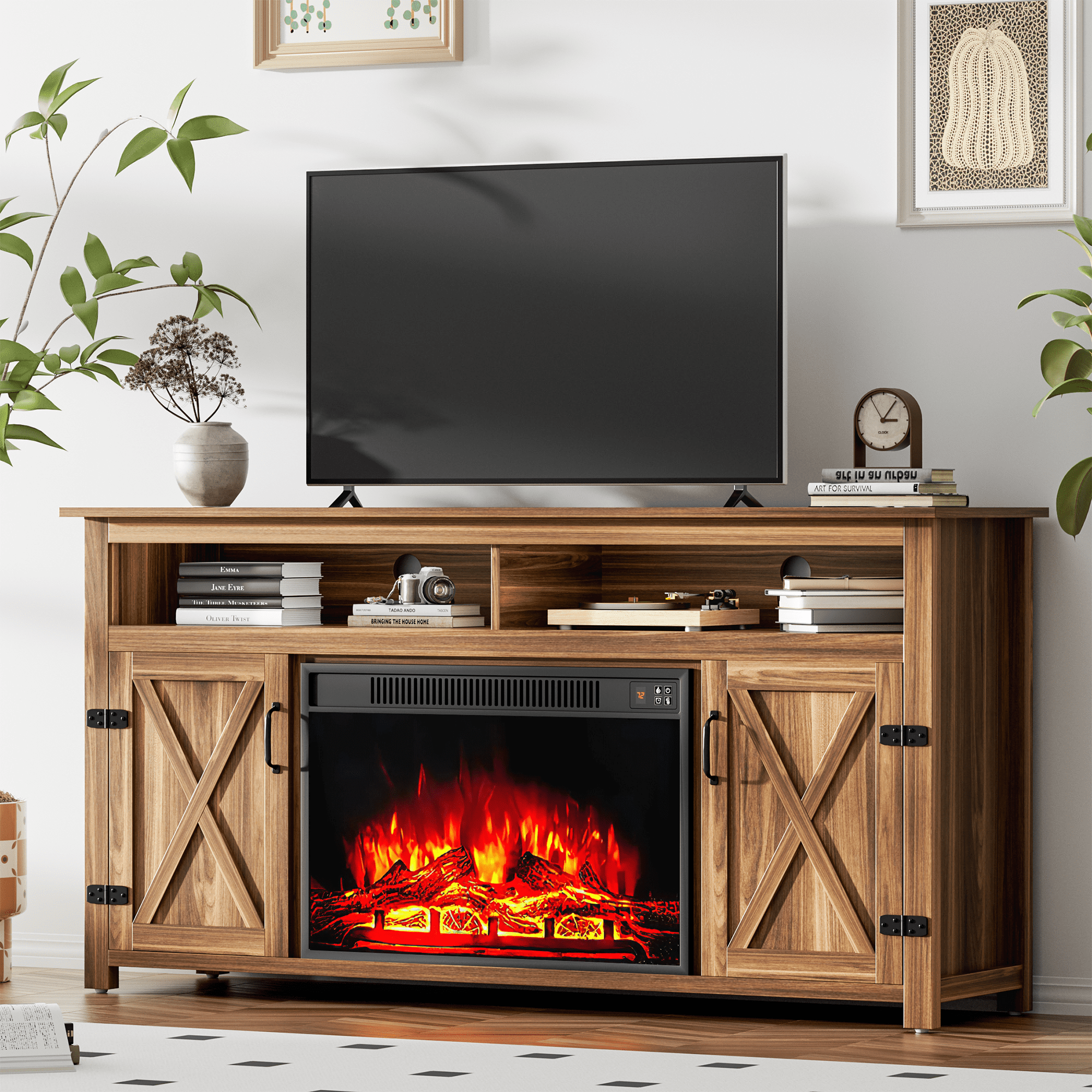 Homall 65 inch Rustic TV Stand with 26 Electric Fireplace Farmhouse Media Console for Living Room Gray Walmart