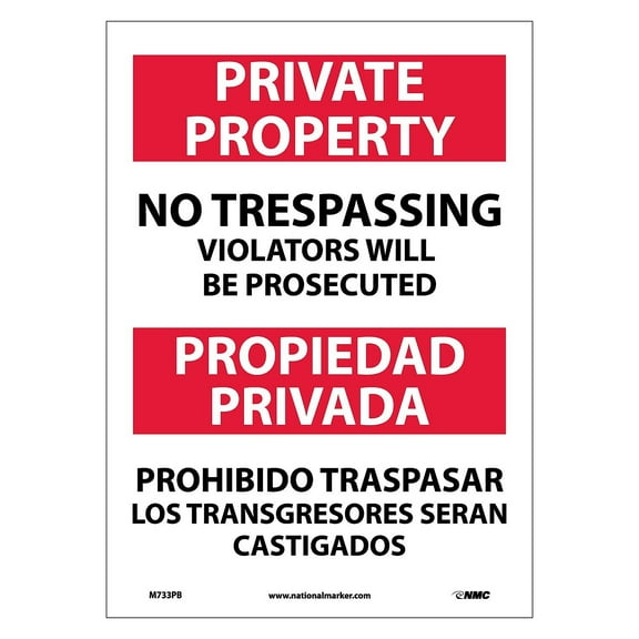 National Marker Private Property No Trespassing Violators Will Be Prosecuted Bilingual 14X10