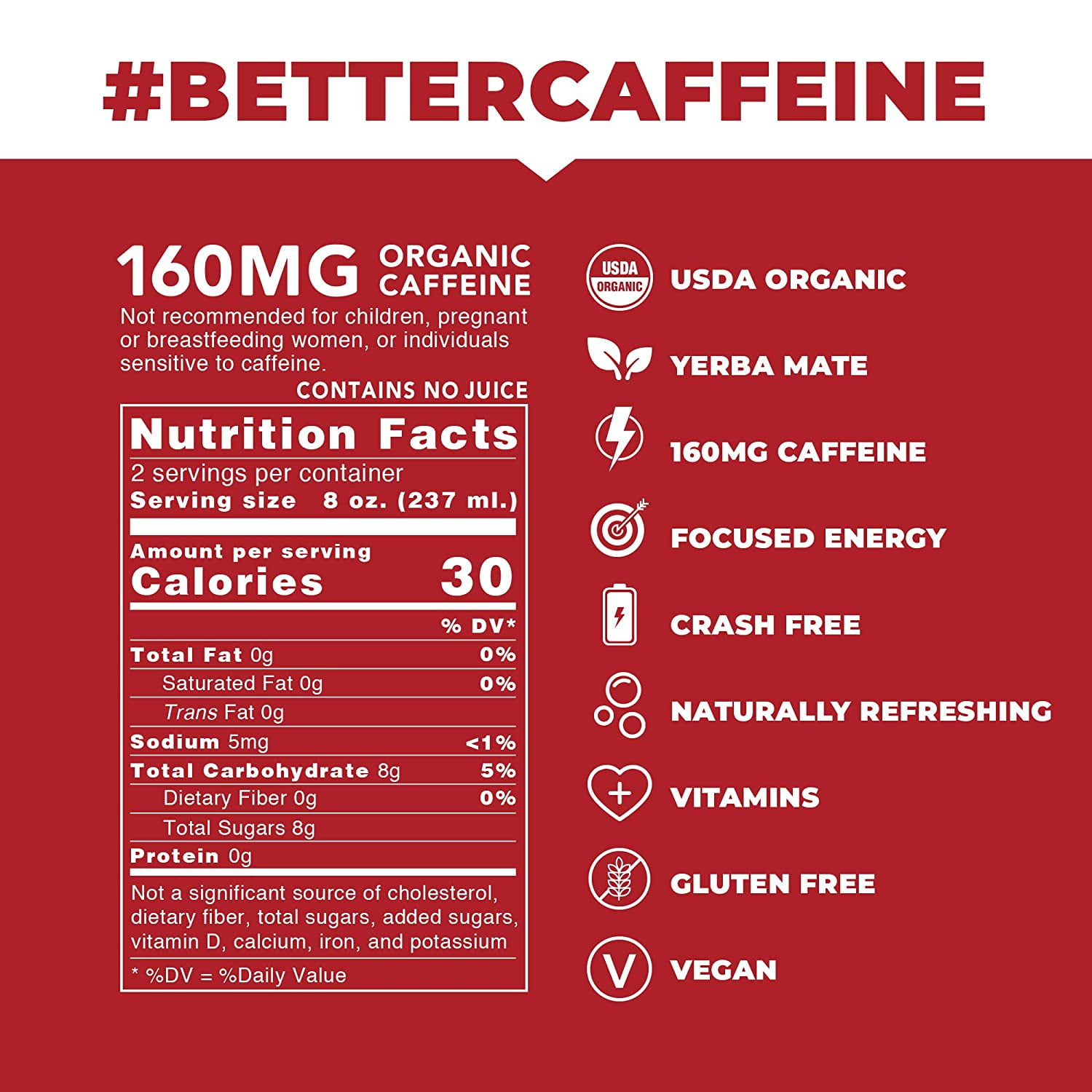 Raspberry Sparkling Yerba Mate - Organic, Low Calorie & Low Sugar (160mg Caffeine), 16oz cans, 12-pack - CLEAN Cause - 50% Profits Support Alcohol & Drug Addiction Recovery
