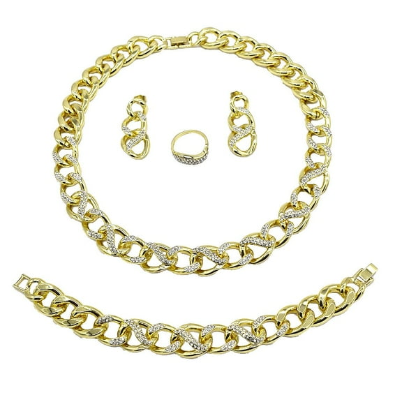 Women's Hugs & Kisses XOXO Iced Out Cuban Link 18k Real Gold Plated Layered 4 Pieces Necklace Set Includes Necklace Bracelet Ring Earrings