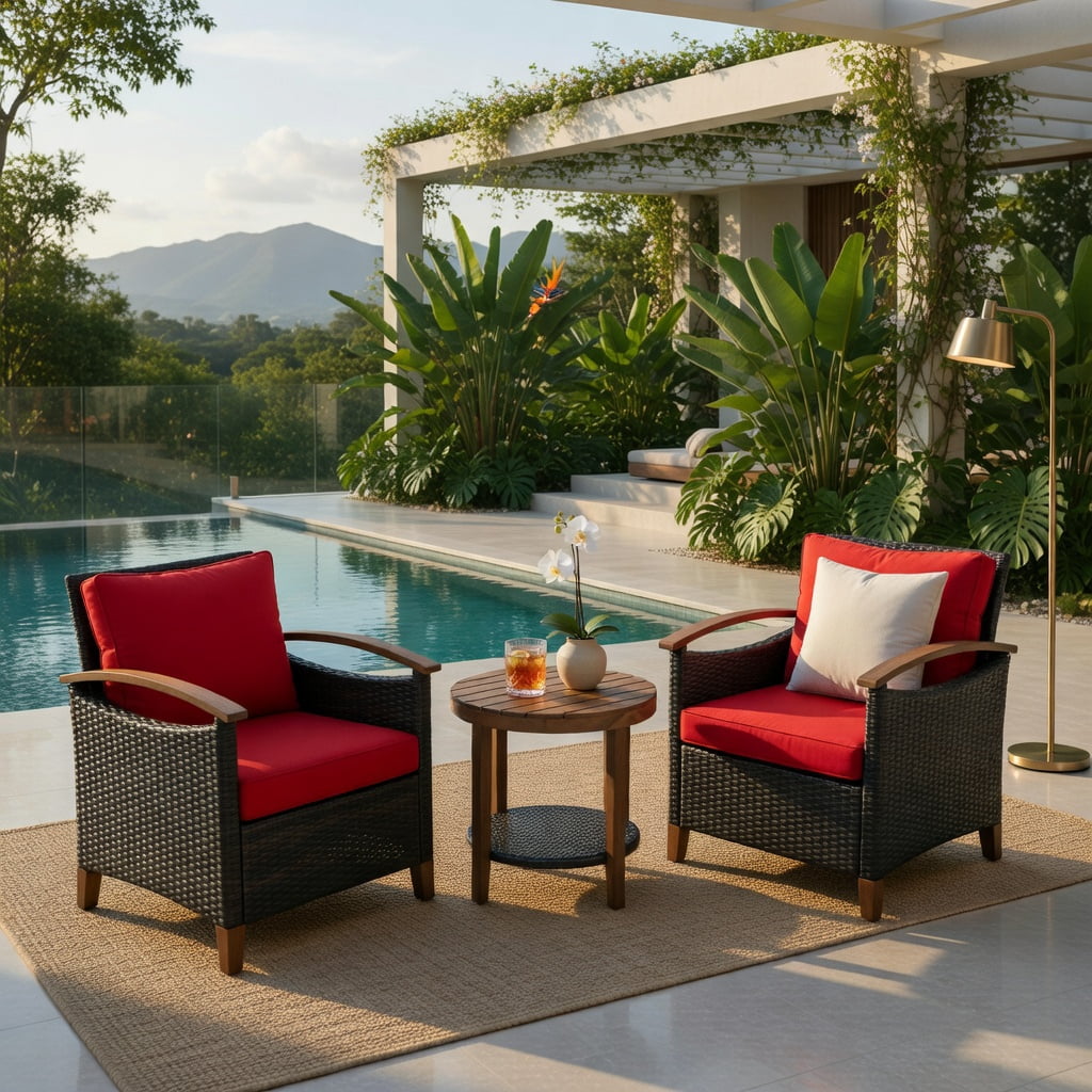 Hommoo 3-Piece Outdoor Rattan Patio Furniture Set with Washable Cushions & Acacia Wood Table, Red