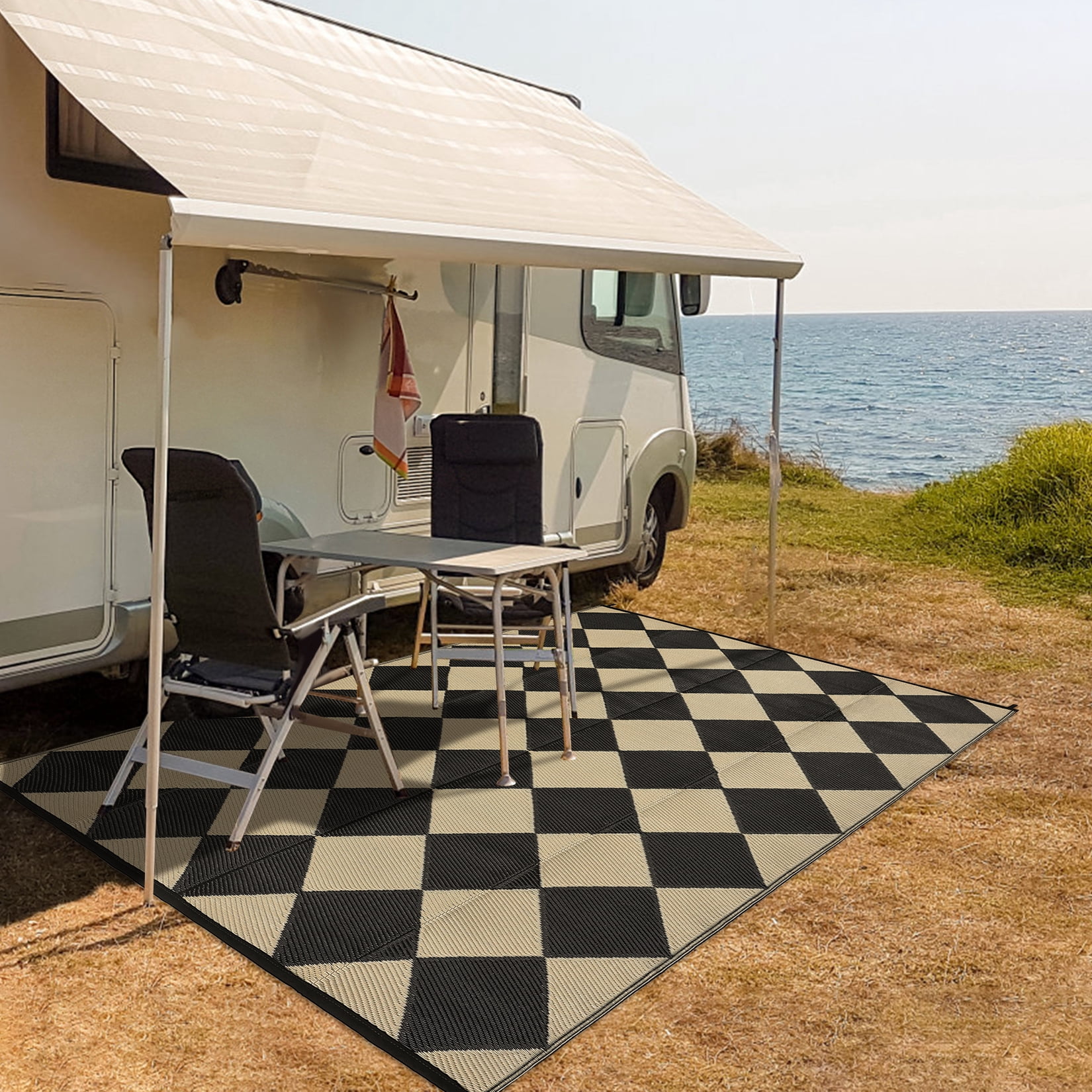 GlowSol 9x18 Outdoor Rug Waterproof Carpet Patio Rug Indoor Outdoor Area Rug Reversible Rug for Picnic Beach Deck-Outdoor, Black/Coffee