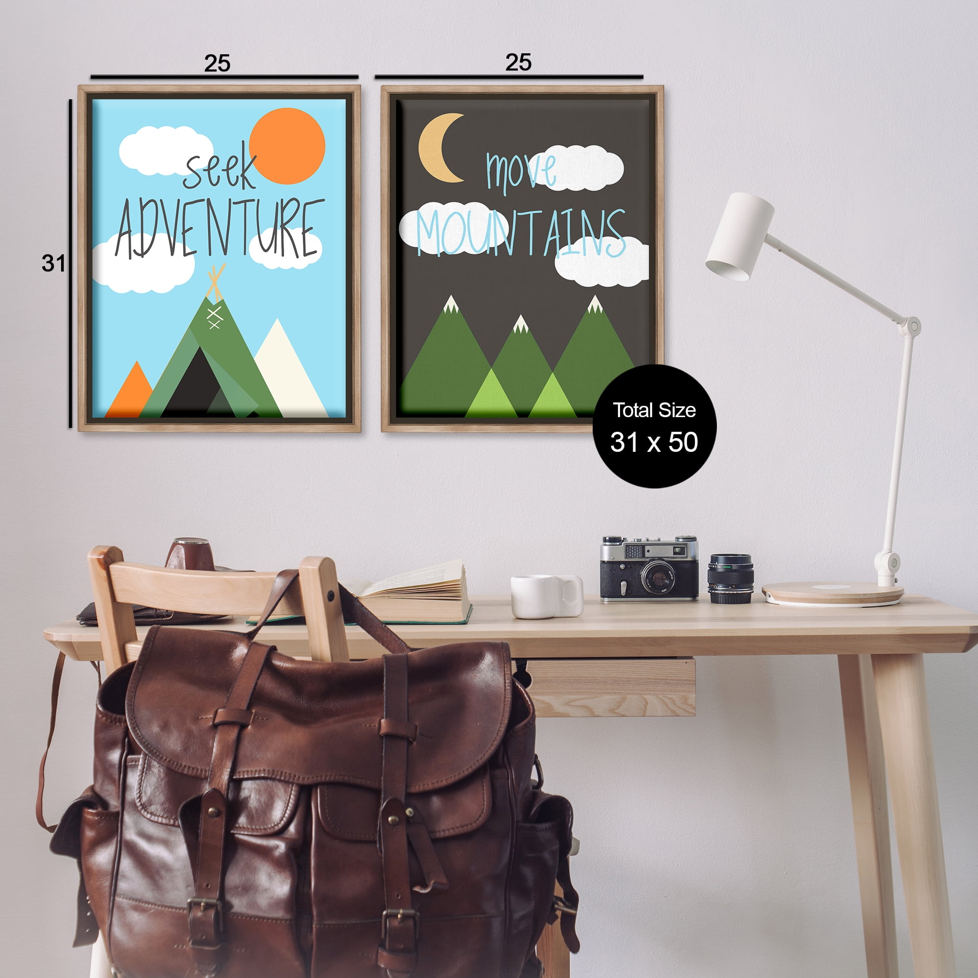 Stupell Industries Seek Adventure Move Mountains Text & Numbers Painting Brown Floater Framed Canvas Art Print Wall Art, 31 x 25, Set of 2