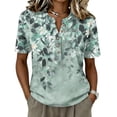 thumbnail image 3 of Ink Wash Floral Henley Blouse for Women - Short Sleeve V-Neck Button Down Tunic, Loose Fit Boho Casual Summer Top Green XXL, 3 of 9