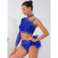 thumbnail image 4 of Sholeno 2 Piece Dance Outfits for Women Rhinestone Crop Top with Feather Briefs Jazz Latin Dancewear Royal Blue L, 4 of 7