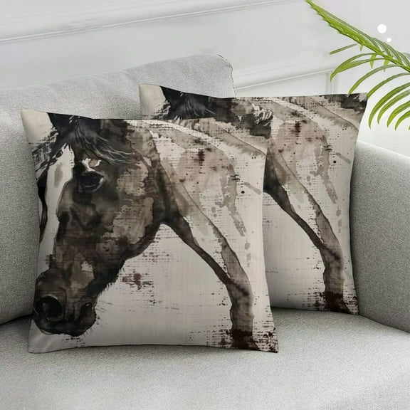 Acheng Throw Pillow Covers Set of 2 Black Ink Painting Hand Style Vintage Horse Animals Theme Decorative Pillow Cases Cushion Cover Decor Home Couch White