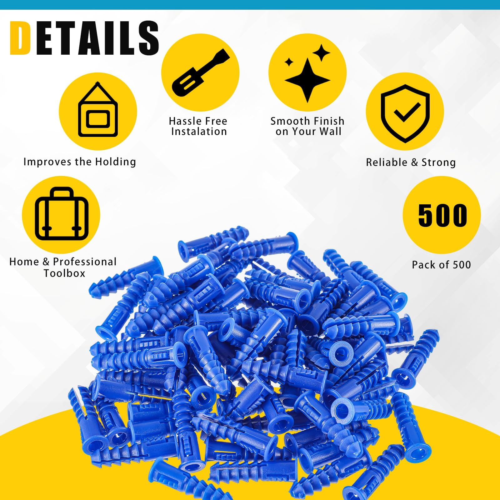 500 Pcs #4-6-8 x 7/8 Inch Ribbed Lightweight Plastic Anchors Drywall Anchors for Hollow Walls Pictures Artwork Decor Light Duty Anchoring Application (Yellow)