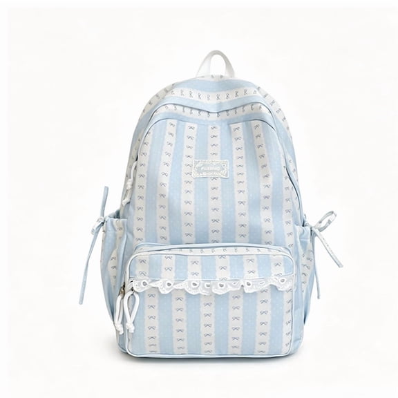 Women Bow Print Backpack with Lace Trim, Large Capacity Multi-Pockets School Bag for Travel Outdoor (Blue 430*300*130)