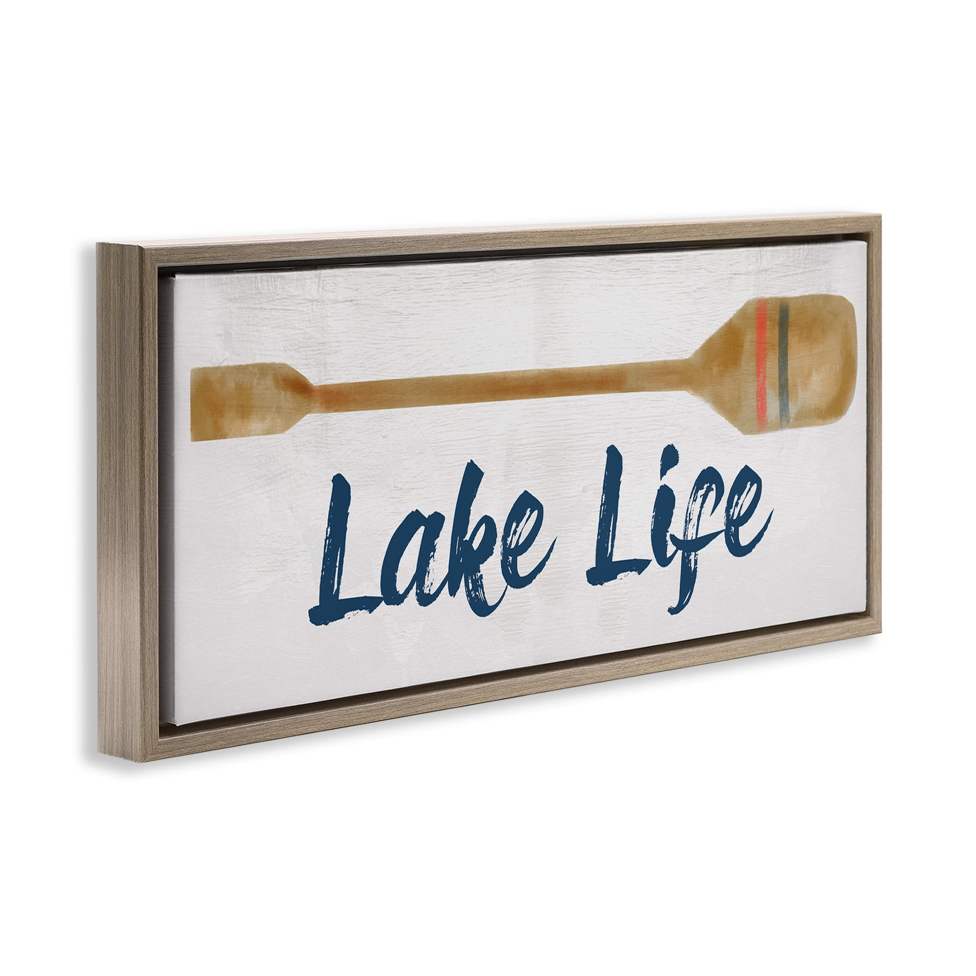 Stupell Industries Lake Life Boat Oar Inspirational Painting Brown Floater Framed Canvas Art Print Wall Art, 25 x 11