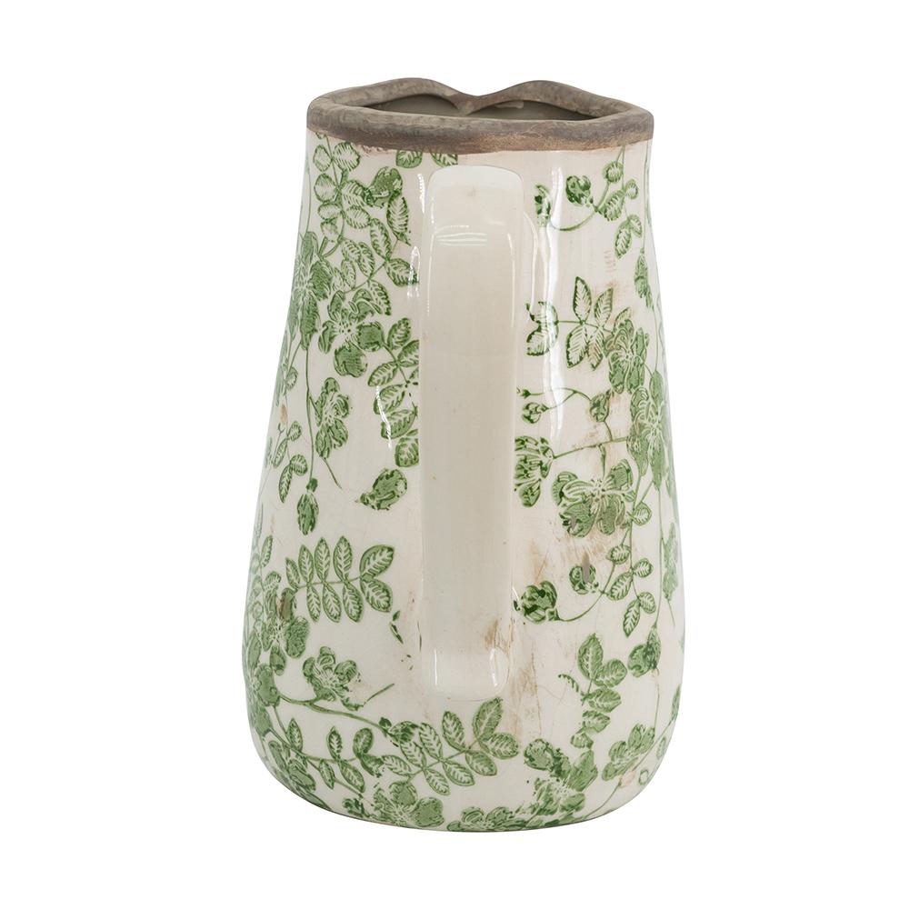 A&B Home White Ceramic Pitcher with Green Floral Motif 6.3" x 4.5" x 7.1"