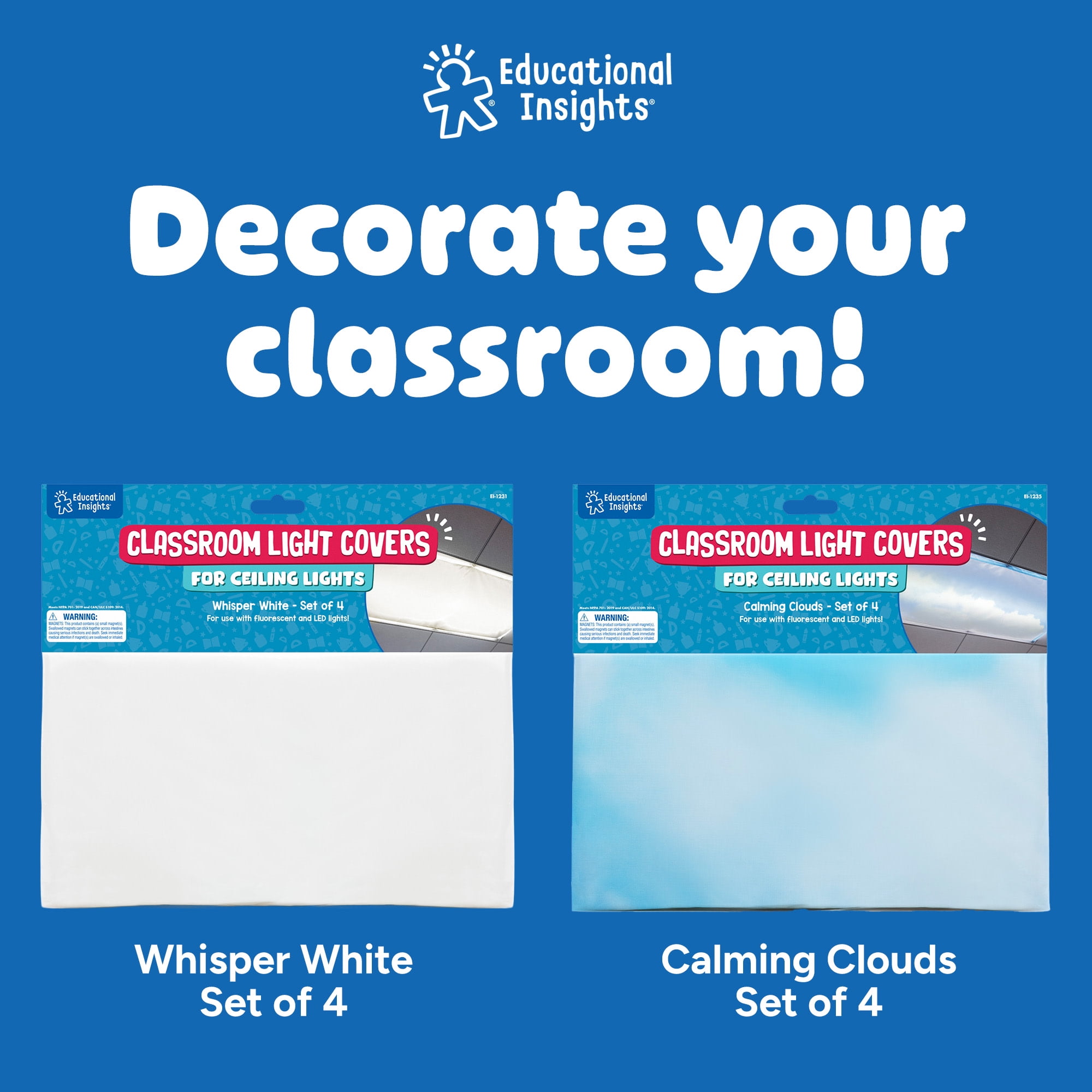 Educational Insights The Original Fluorescent Light Covers 4-Pack Tranquil Blue, Light Filters for Classroom, Lighting Accessories