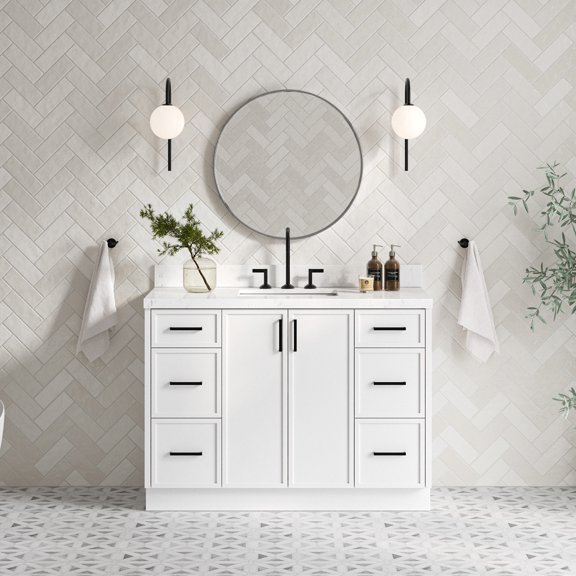 Ariel Kelly 48 Inch Single Rectangle Sink Bathroom Vanity With Carrara White Quartz Countertop 1.5 Inch Edge In White