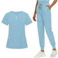 thumbnail image 3 of Scrubs for Women 2 Piece Set, Womens Short Sleeve V Neck Top & Jogger Pant Workwear Outfits with Pockets (XL, Light Blue), 3 of 8