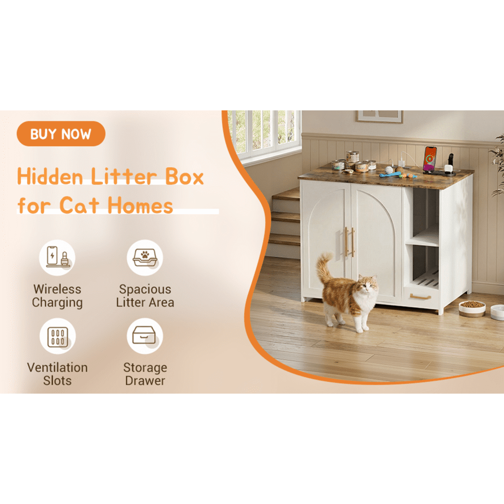 Hidden Cat Litter Box Enclosure Furniture – Large Dog-Proof Litter Box Cabinet with Power Strip, Compatible with Large Self-Cleaning Litter Boxes