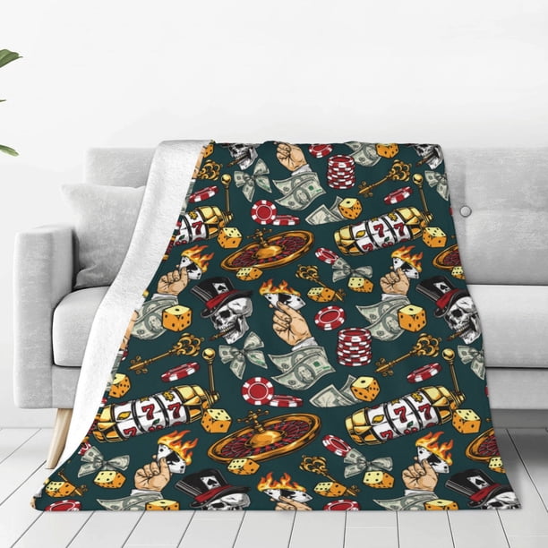Fotbe Vintage Casino Chips Manta de Franela Acolchonada con Estampado, Súper Suave y Esponjosa, Extra Grande para Sofá, Cama, Uso Todo el Año-60"x50"