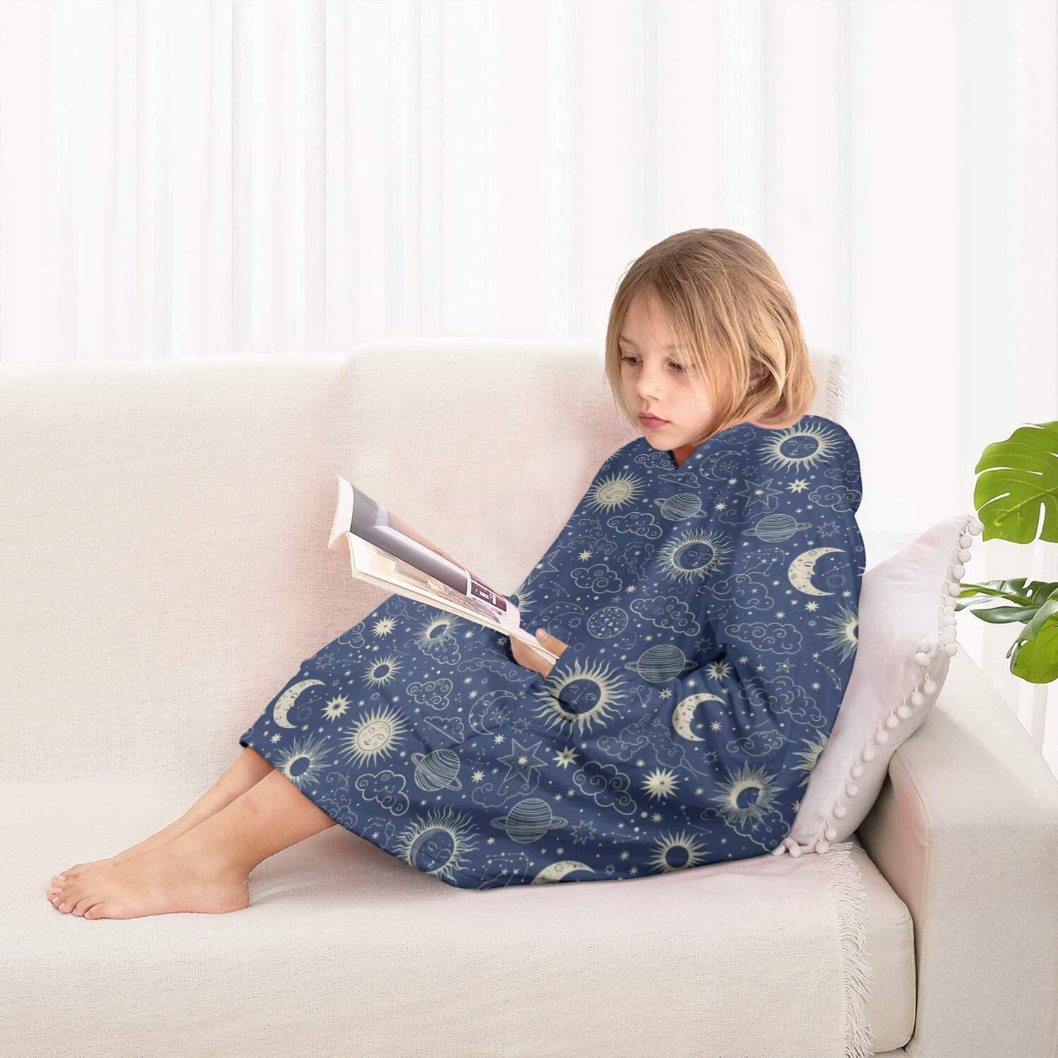 Dark Blue Celestial Pattern Blanket Hoodies for Kids 6-13YR Oversize Wearable Blanket Hoodies for Boys Girls Teens