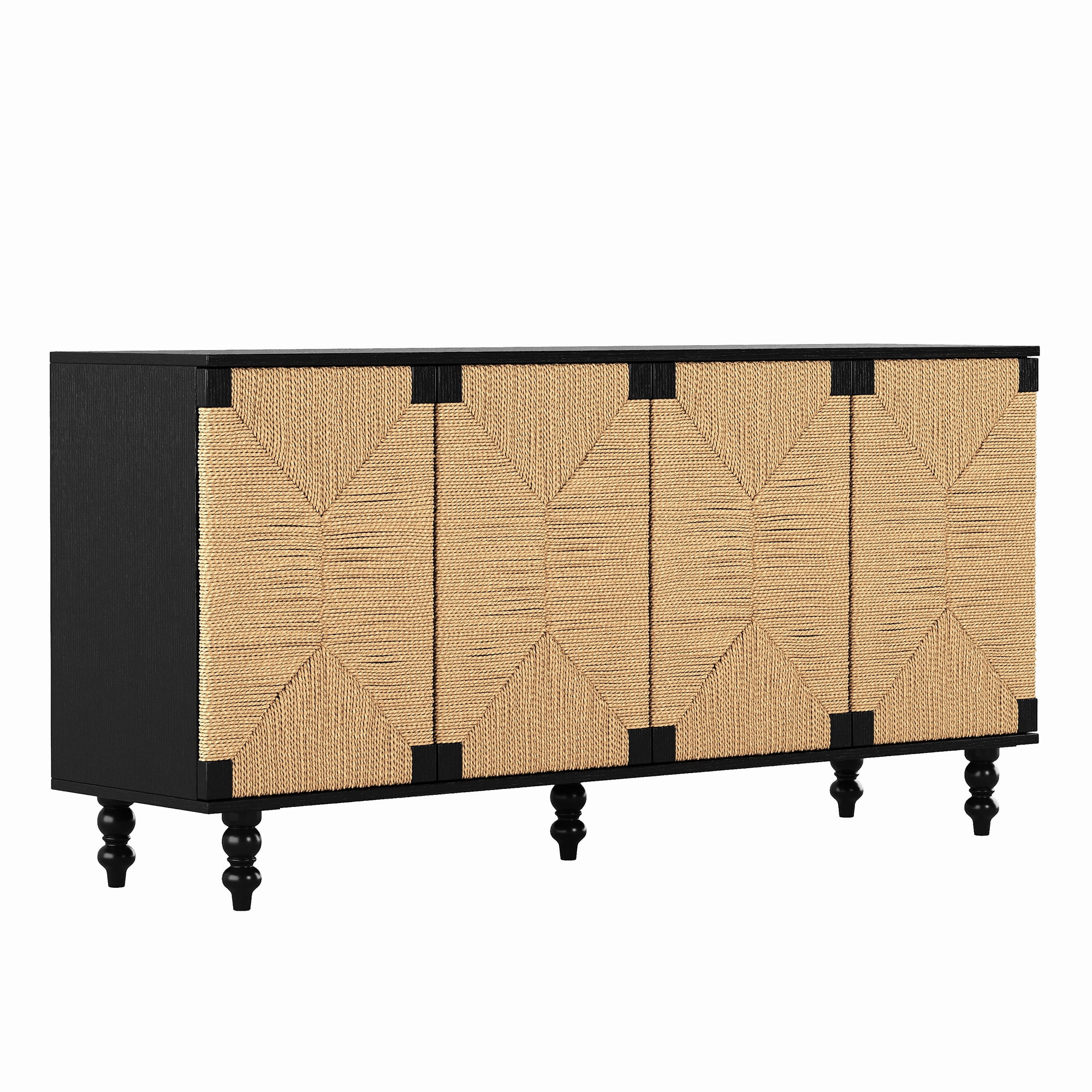 Homy Casa 59 in Boho Sideboard Buffet Cabinet with 4 Handwoven Seagrass Doors Black Natural