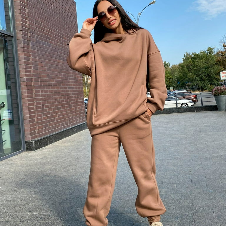 2-Piece Hoodies Set Solid Color Pullover Sweatshirt & Sweatpants Thick  Tracksuit Women's Clothing for Casual Sports Loose Fit Baggy Pants Long  Sleeves S Apricot 