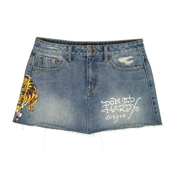 Ed Hardy Tiger Flowers Denim Skirt - WEHD6000-13 (Medium Wash, M)