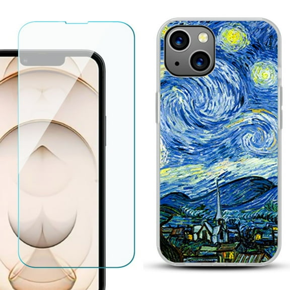 Slim-Fit Flexible TPU Gel Phone Case for iPhone 13, with Tempered Glass Screen Protector, by OneToughShield ® - Starry Night Paris