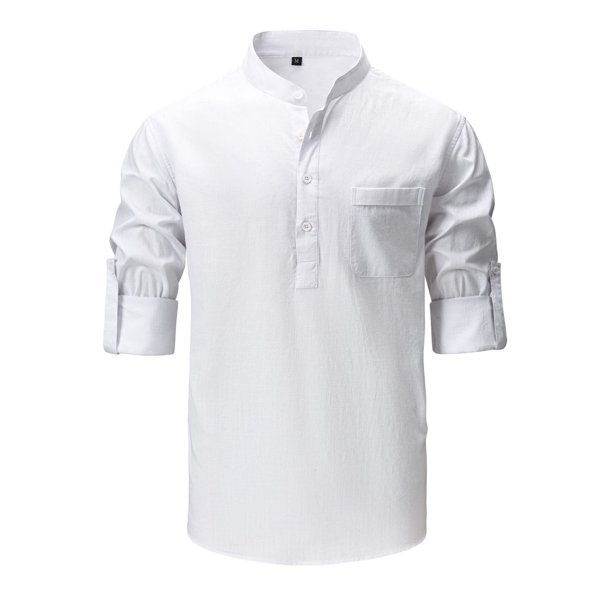 Blusa y camisa de manga larga con cuello alto para hombre, informal, de color liso, con cuello alto, manga larga, bolsillo con medio botón, blusa de poliéster para hombre