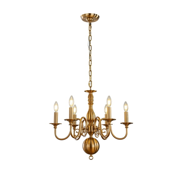 French Country Dimmable Antique Brass 6-Light Chandelier Adjustable Chain 24'' Wide Vintage Pendant Light for Dining Room or Foyer