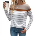 thumbnail image 2 of Camiseta de Larga con Cuello Redondo y Estampado de Rayas para Mujer, de Punto Suave con Bloques de Color Caqui S, 2 of 10