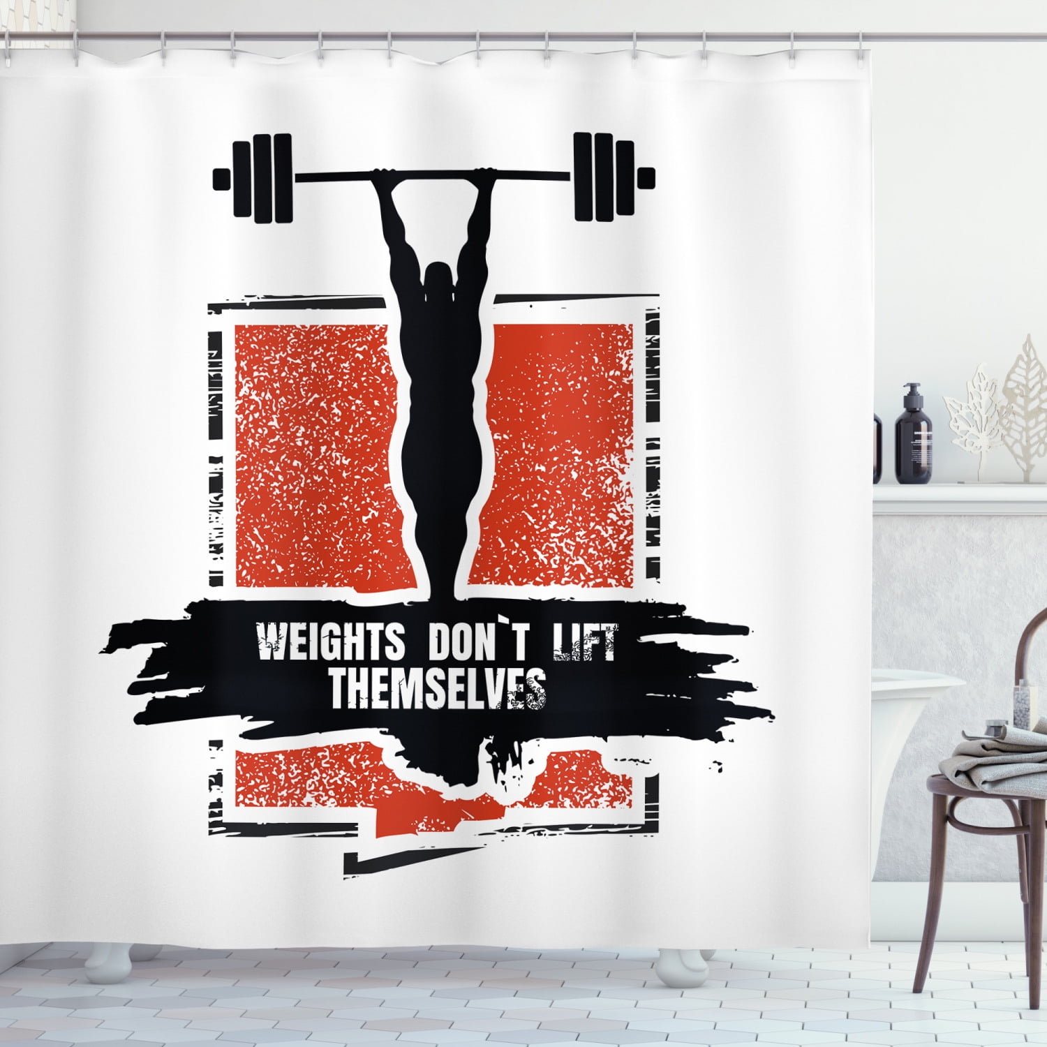 Fitness Shower Curtain, Bodybuilder and Huge Barbell Silhouettes Icon