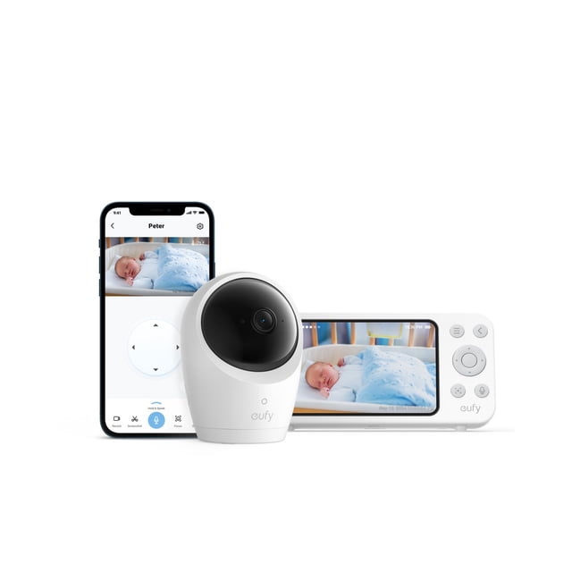 eufy baby monitor e20 con cámara 2k hd, pantalla de 5'' 720p, wi-fi híbrido y sin conexión wi-fi, control de aplicación y monitor, pan-tilt, zoom 4×, cámara portátil con batería incorporada, anr, aler — Cámara vigilabebés blanca con base esférica y lente negra central, mostrada junto a un monitor portátil blanco de 5'' y un smartphone con la app abierta mostrando al bebé dormido; muestra pan/tilt y zoom 4× para supervisión diurna y nocturna y funciona con batería para uso en viajes.