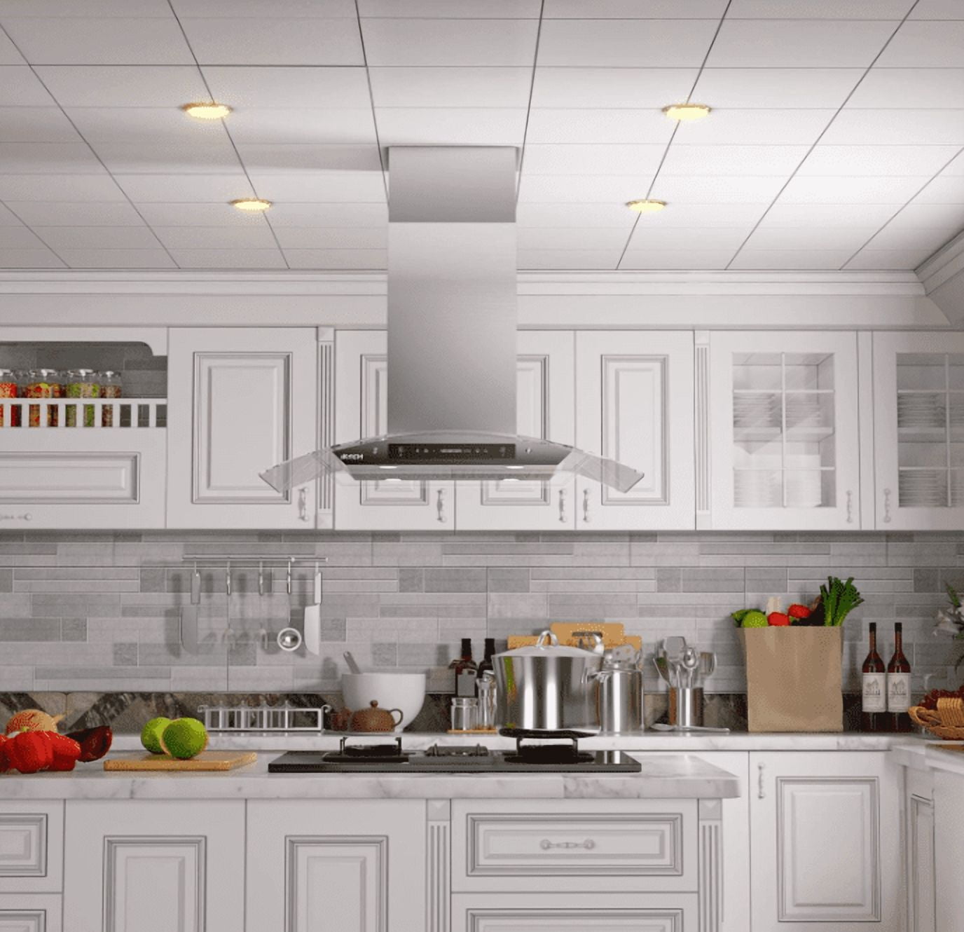 IKTCH 36 inch Island Mount Range Hood Stainless Steel & Curved Tempered Glass