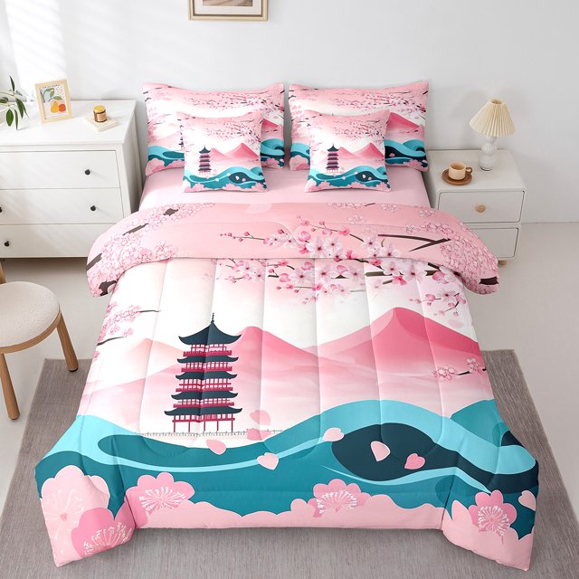 Erosebridal Lit de Fleurs Roses en Sac Taille Simple, Ensemble de Lit Tour de Dessin Animé, Décoration Mont Fuji Japonaise, Réversible