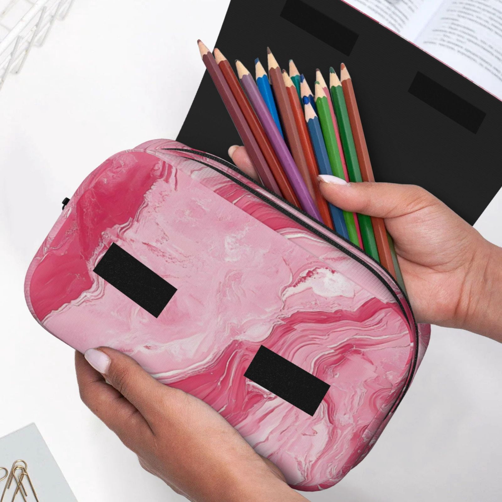 Large-Capacity Flip-Top Double-Layer Pencil Case, Multi-Functional Pocket Pen Case, Durable Stationery Organizer Pink Marble_21256_4