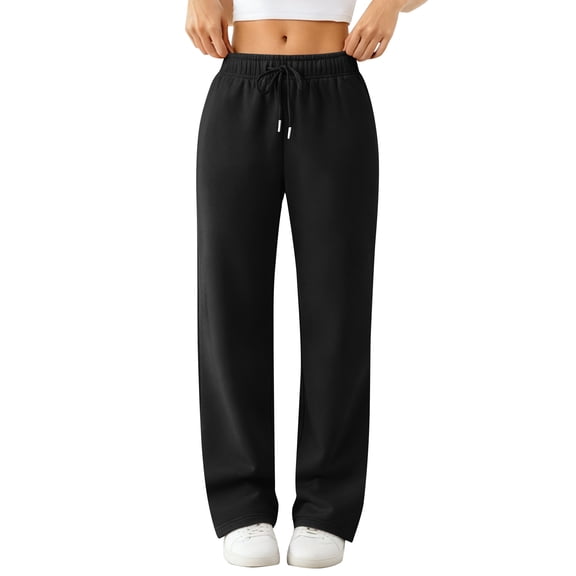 Women's Wide Leg Track Pants Fleece Lined Loose Straight Cut, Casual Sports Jogger Pants with Pockets for Comfortable and Warm Athletic Activities,Black,L