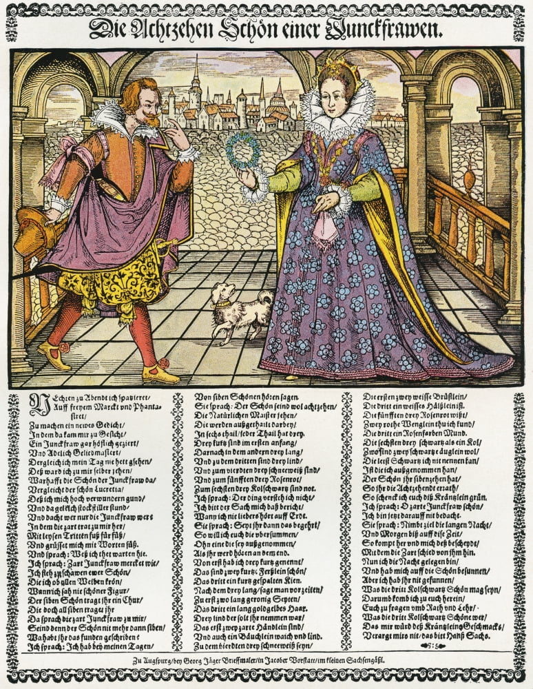 The Eighteen Virtues of a Young Maiden After a 16th century woodcut on a poetical fly sheet by Hans Sachs From Illustrierte Sittengeschichte vom Mittelalter bis zur Gegenwart by Eduard Fuchs published