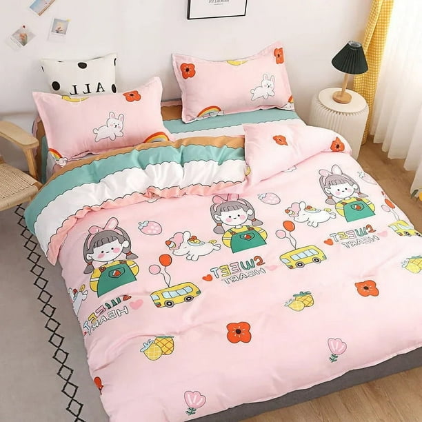 Kawaii Melocotón Rosa Verde Ilustraciones de dibujos animados Juegos de cama
