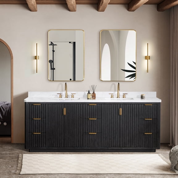 Cadiz 84" Double Fir Wood Black Vanity with Lightning White Composite & Mirror