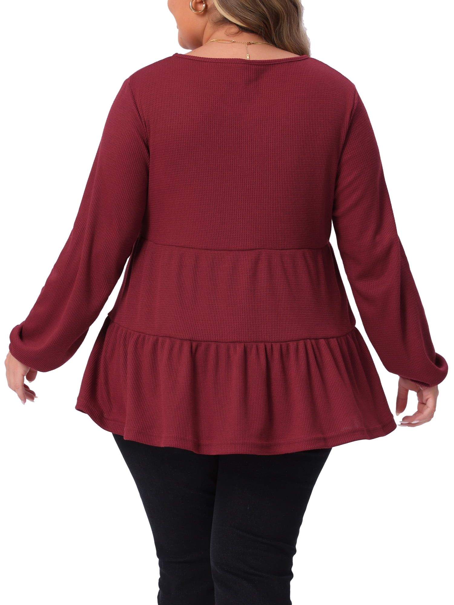 DARING DIVA Women's Plus Babydoll V Neck Ruffle Hem Peplum Blouse 1X Burgundy