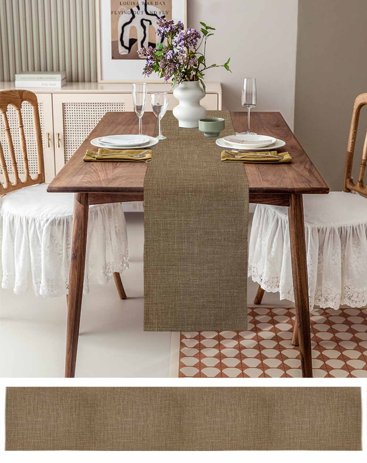 Table Runners 72 Inches Long Dress Scarves, Vintage Brown Farmhouse Kitchen/Dining Table Runner, Coffee Tablerunners, Farmhouse Retro Dark Solid Color Linen Texture 13x72 Inch